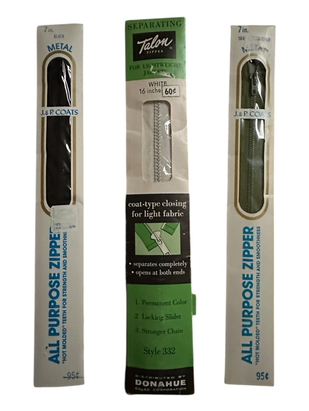 Talon & J & P Coats Zipper Bundle 7” Black, Almond Green, 16” White